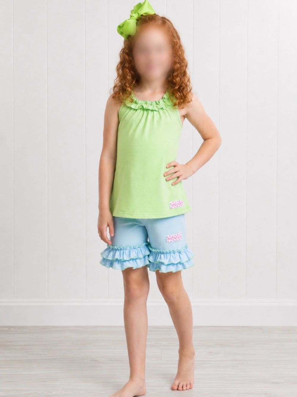 Ruffle Girl Green/Light Blue Ruffle Neck Short Set